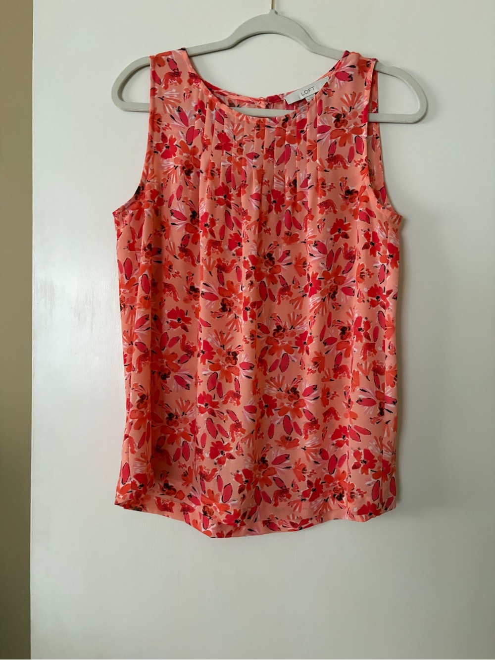 LOFT Coral-Pink Floral Sleeveless Pleat-Front Top